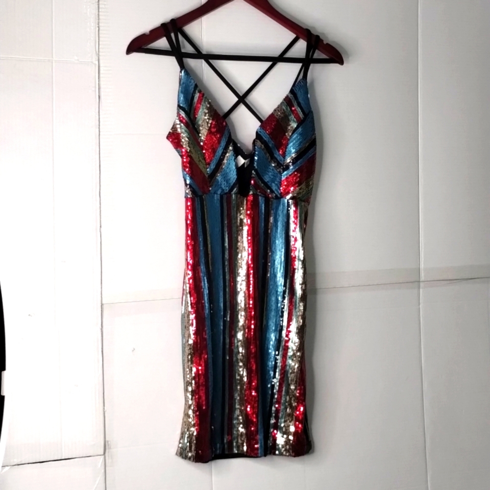 Owl Sequin Striped Mini Dress - Multicolor